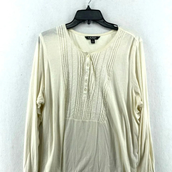 Lauren Ralph Lauren Tops Women's XL Cream Ivory Button Front Lace Detail Pleated - Picture 6 of 10